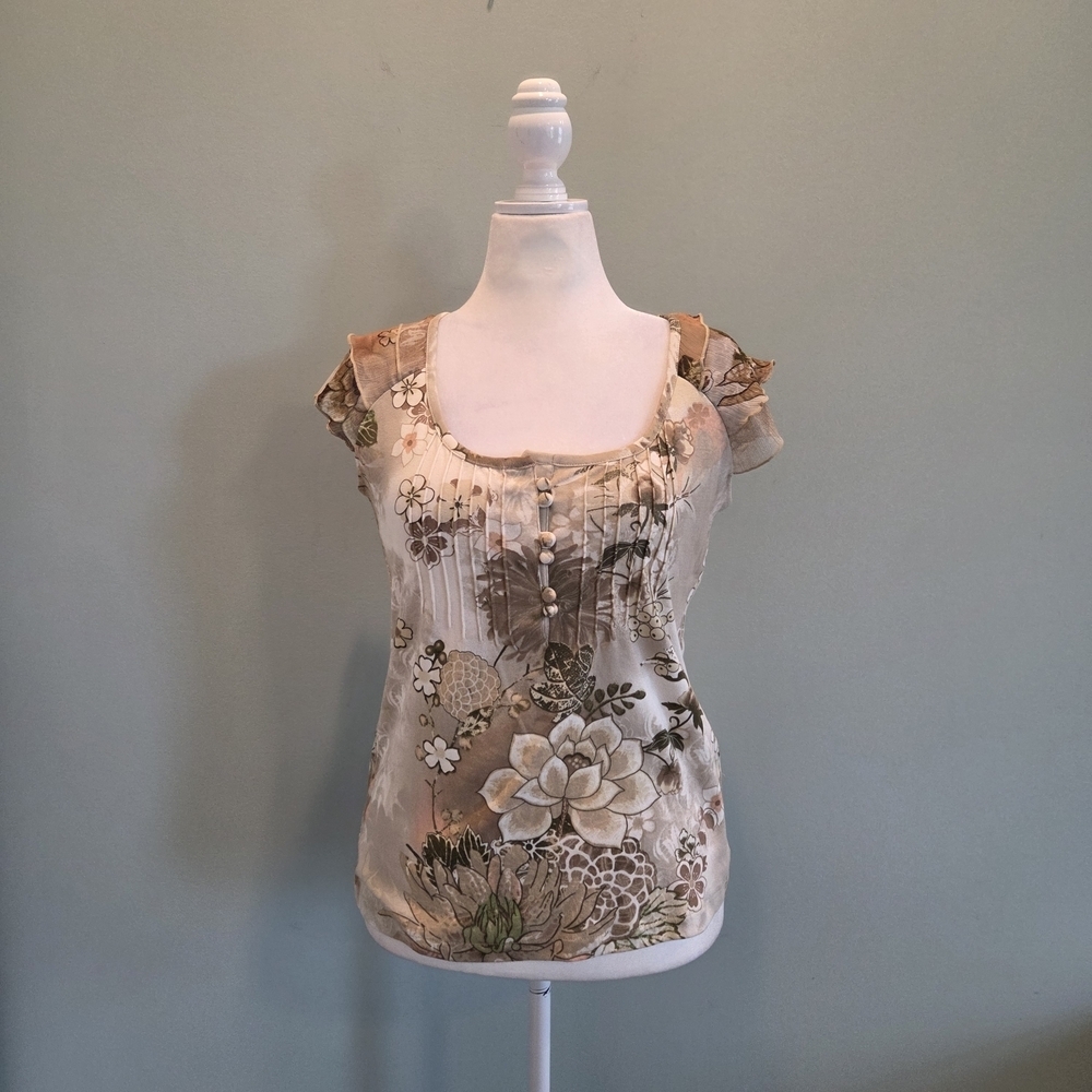 Caribbean Joe Floral Print Cap Sleeve Top Size M - Picture 2 of 12